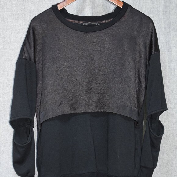 AllSaints Black Satin Panel Sweatshirt w/ Cut-Out Elbows Women’s Small - Picture 1 of 5